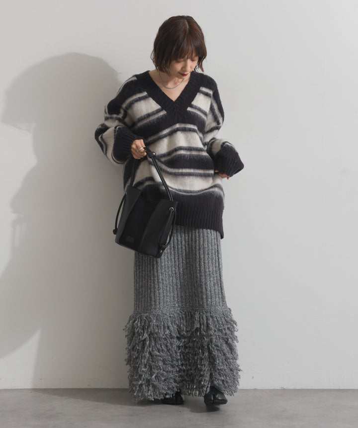シャギーボーダーVネックニットプルオーバー