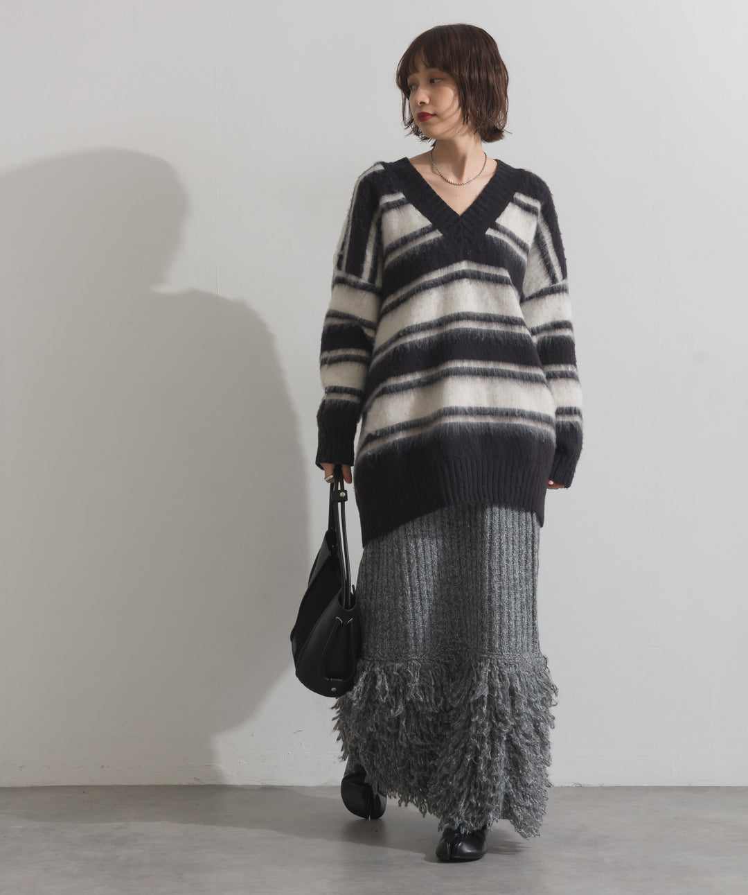 シャギーボーダーVネックニットプルオーバー