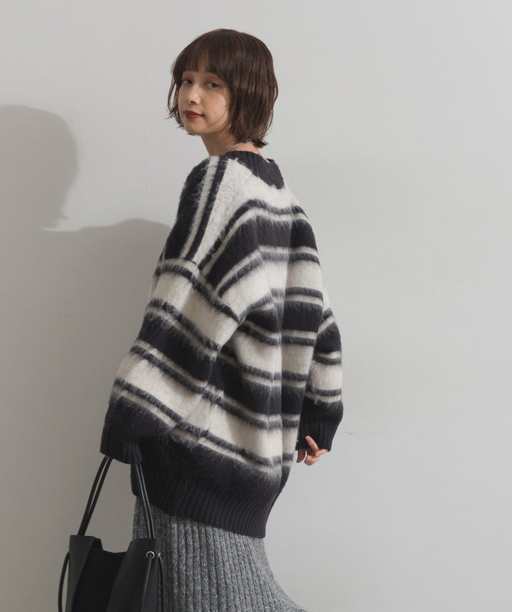 シャギーボーダーVネックニットプルオーバー
