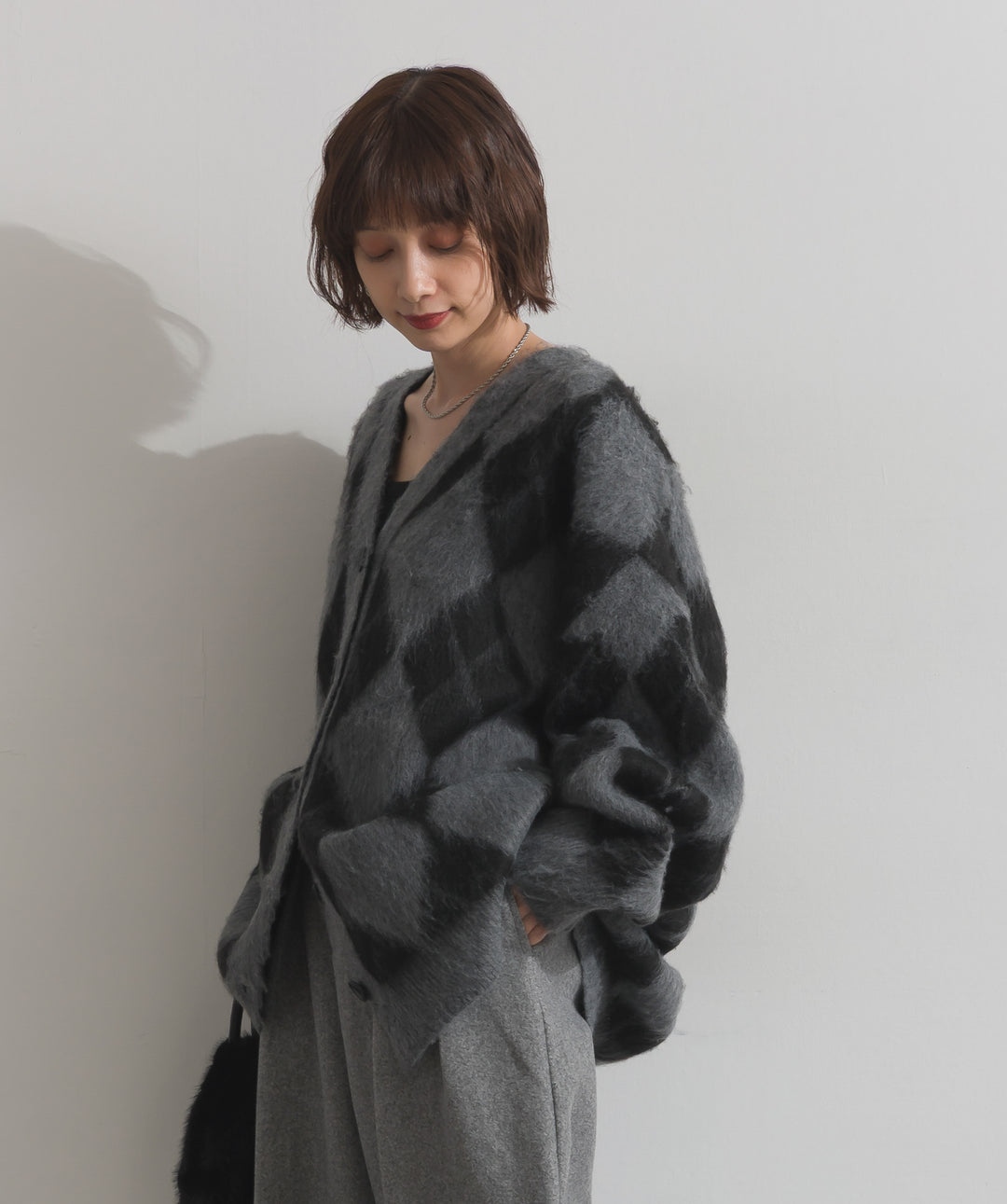 シャギーアーガイルVネックカーディガン