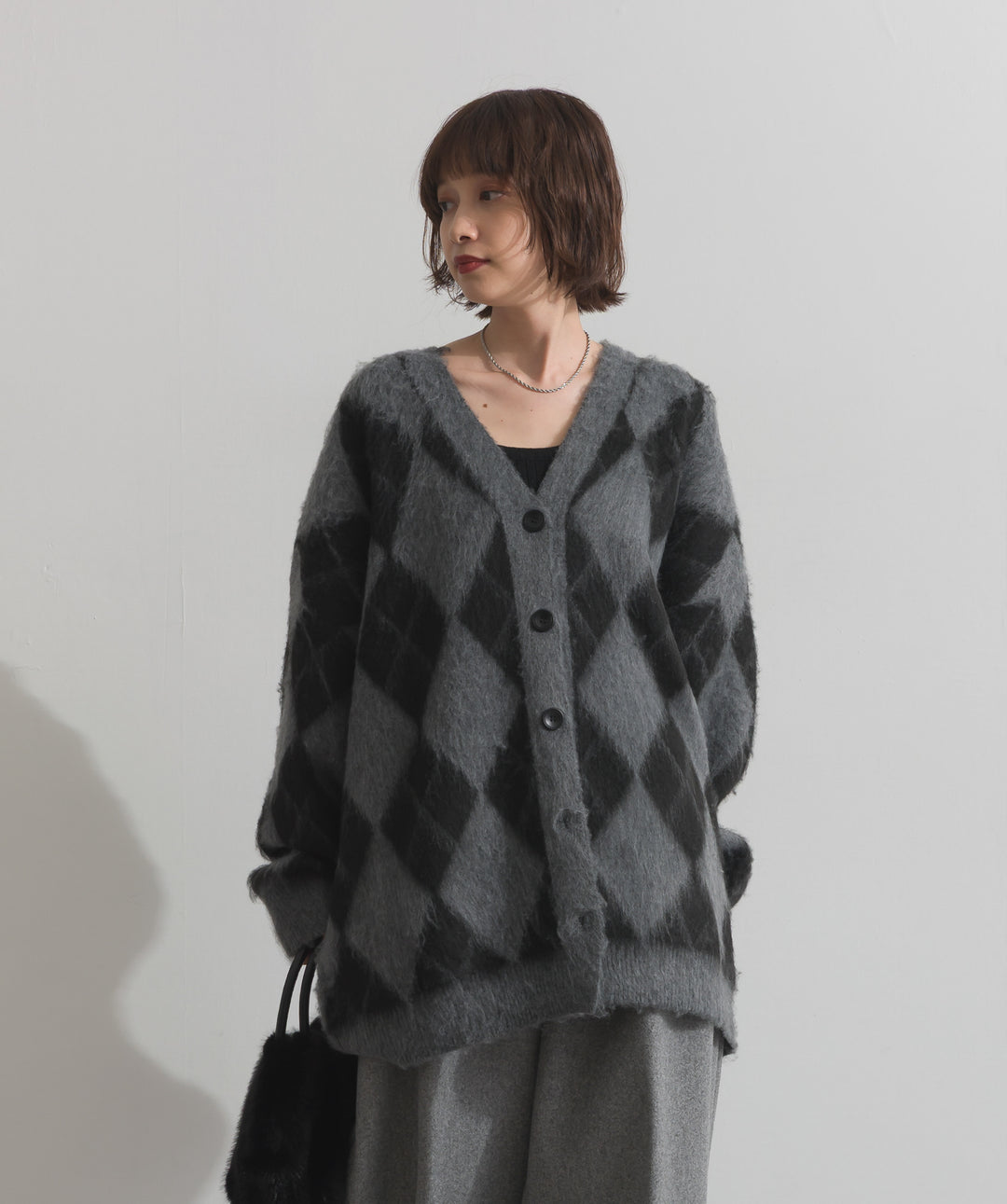 シャギーアーガイルVネックカーディガン