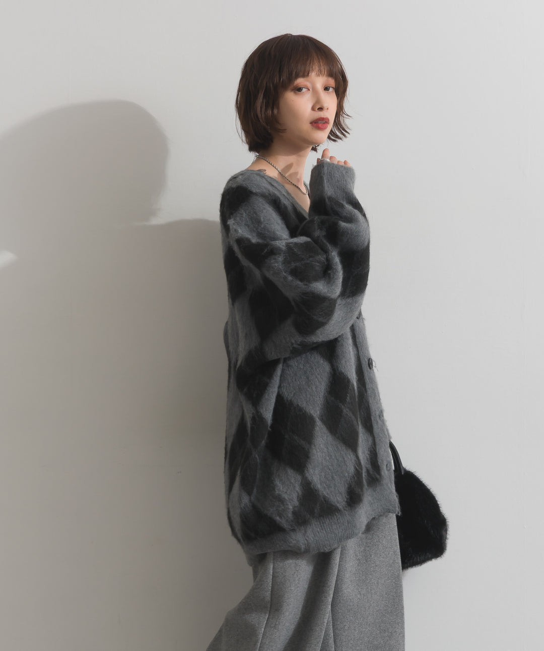 シャギーアーガイルVネックカーディガン