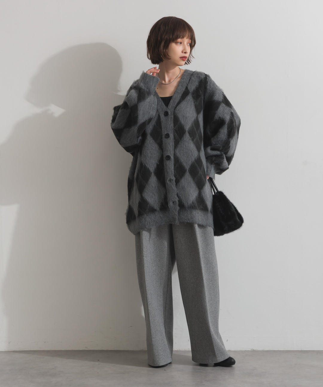 シャギーアーガイルVネックカーディガン