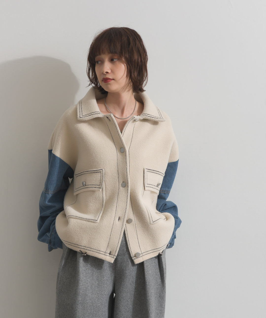 配色ステッチニットジャケットカーディガン