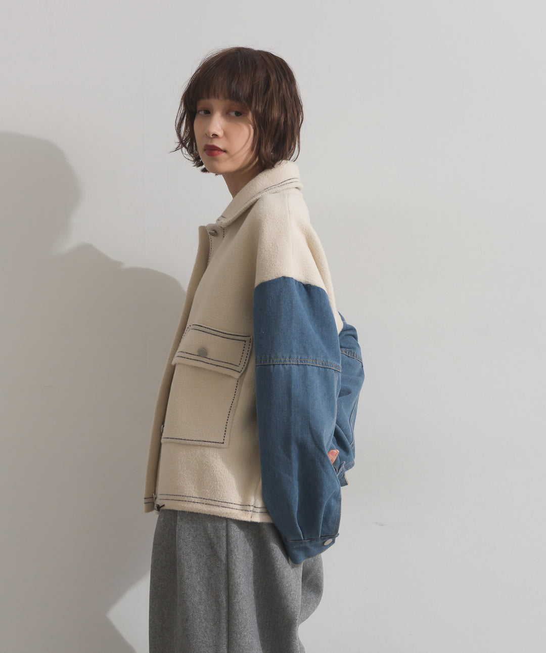 配色ステッチニットジャケットカーディガン