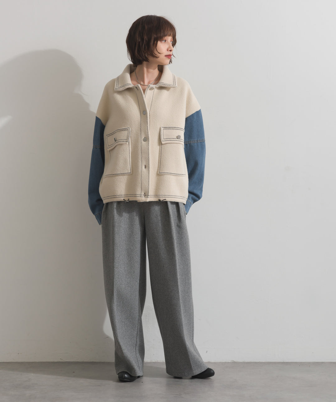 配色ステッチニットジャケットカーディガン