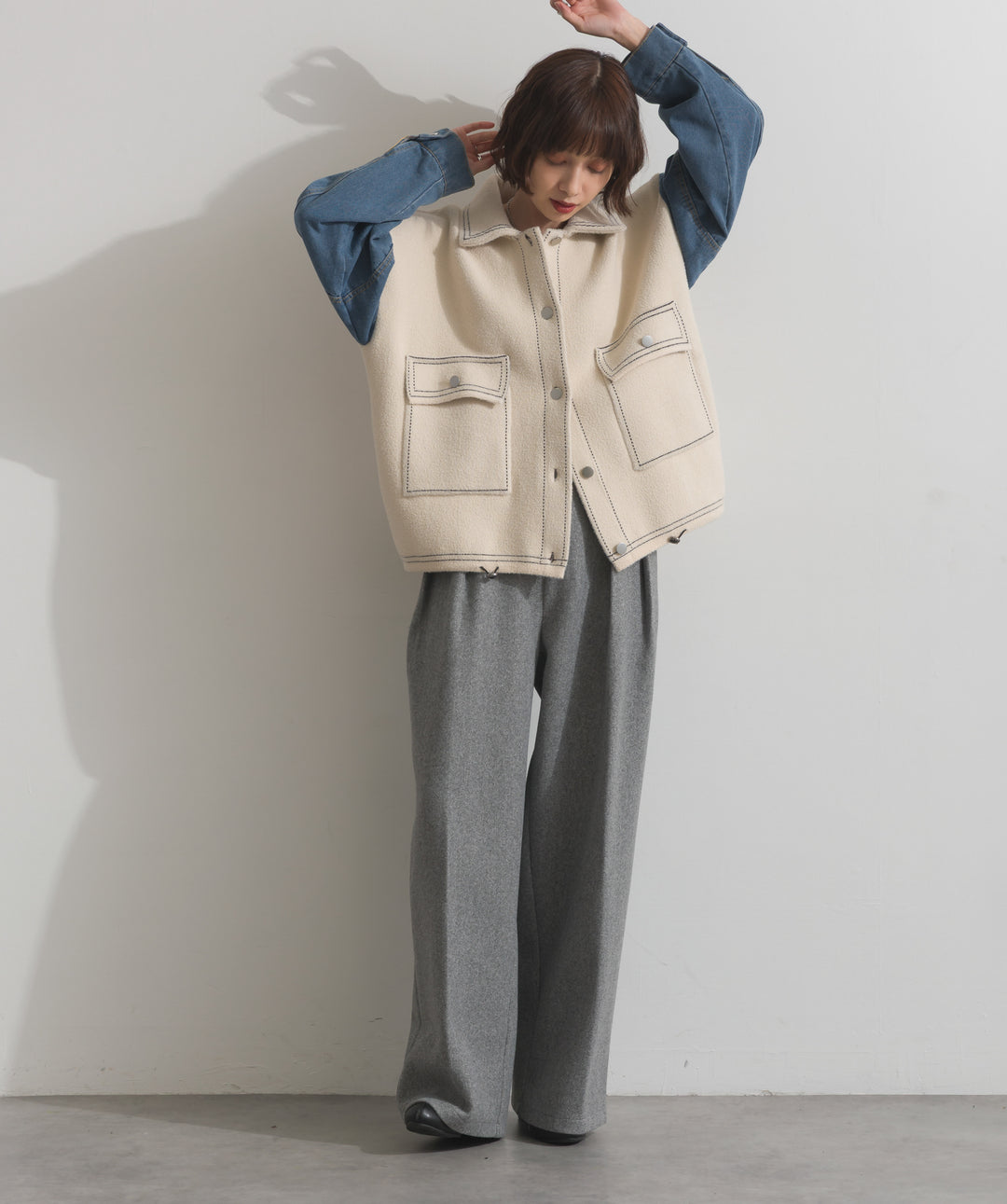 配色ステッチニットジャケットカーディガン