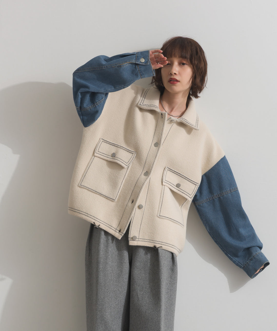 配色ステッチニットジャケットカーディガン