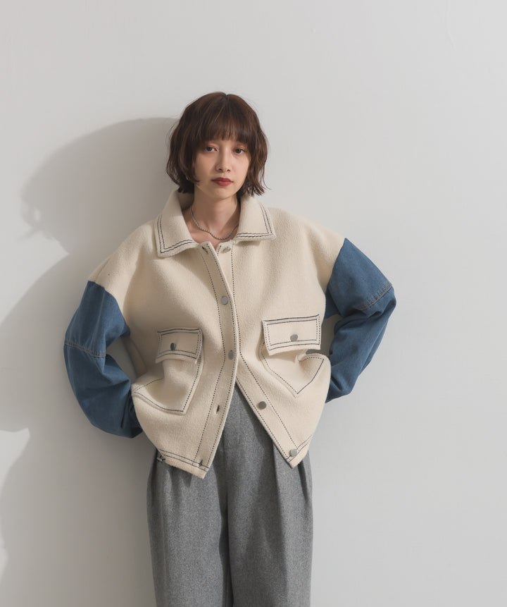 配色ステッチニットジャケットカーディガン