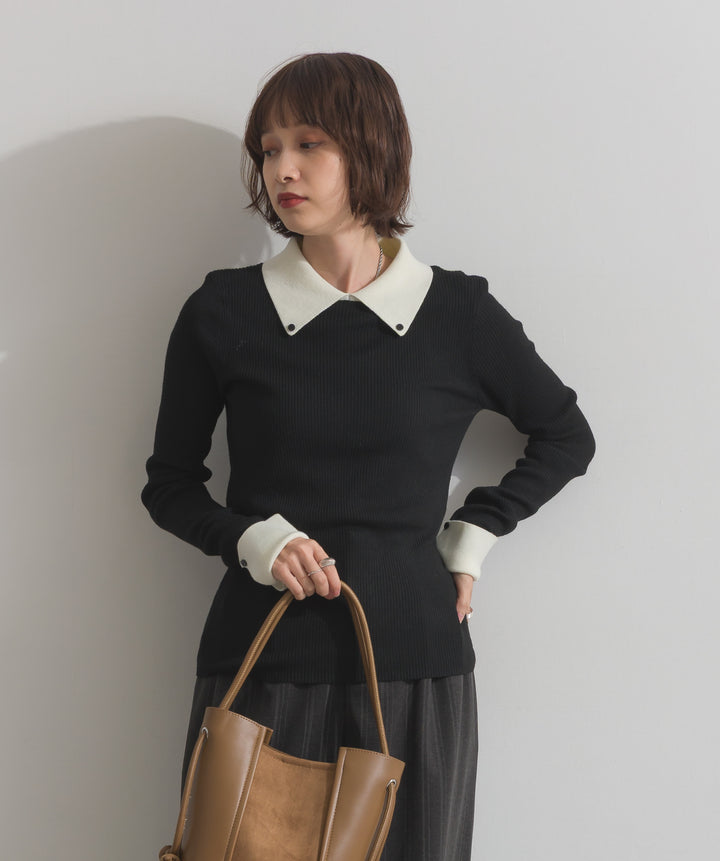配色襟リブニットプルオーバー