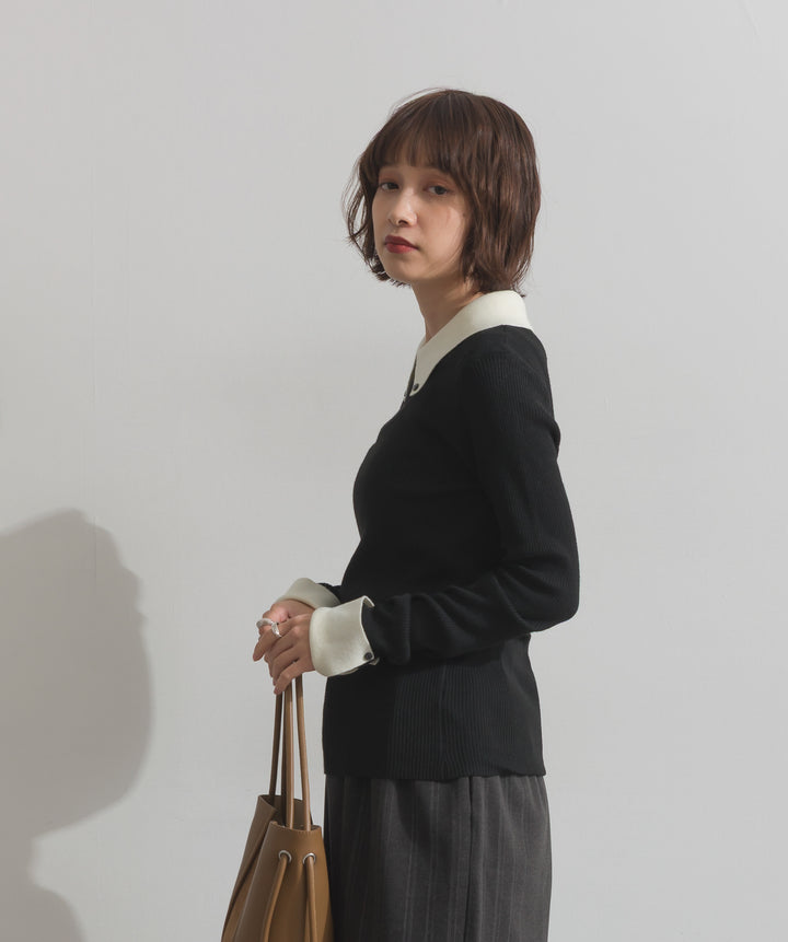 配色襟リブニットプルオーバー