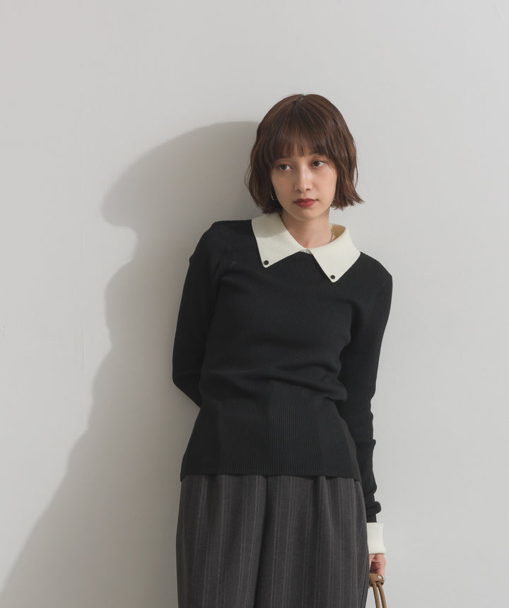 配色襟リブニットプルオーバー