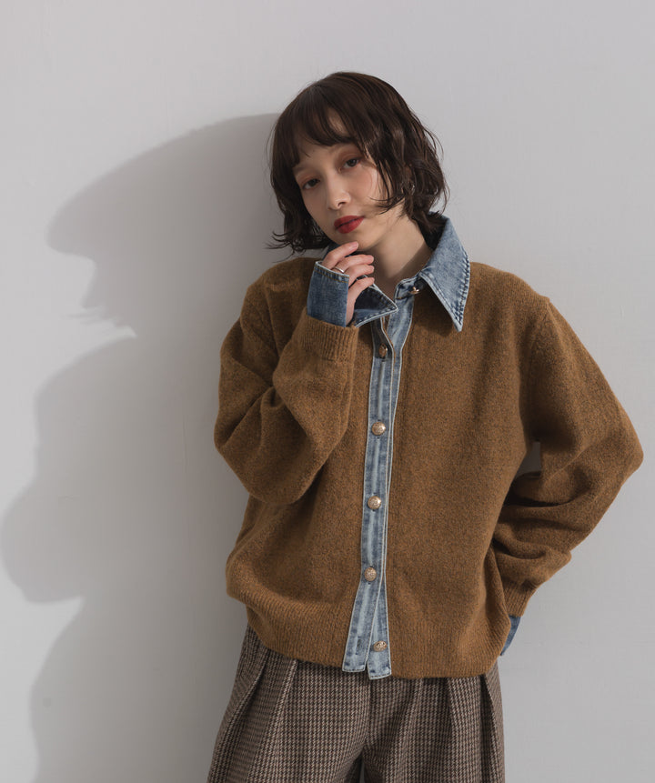 デニム襟レイヤード風ニットトップス