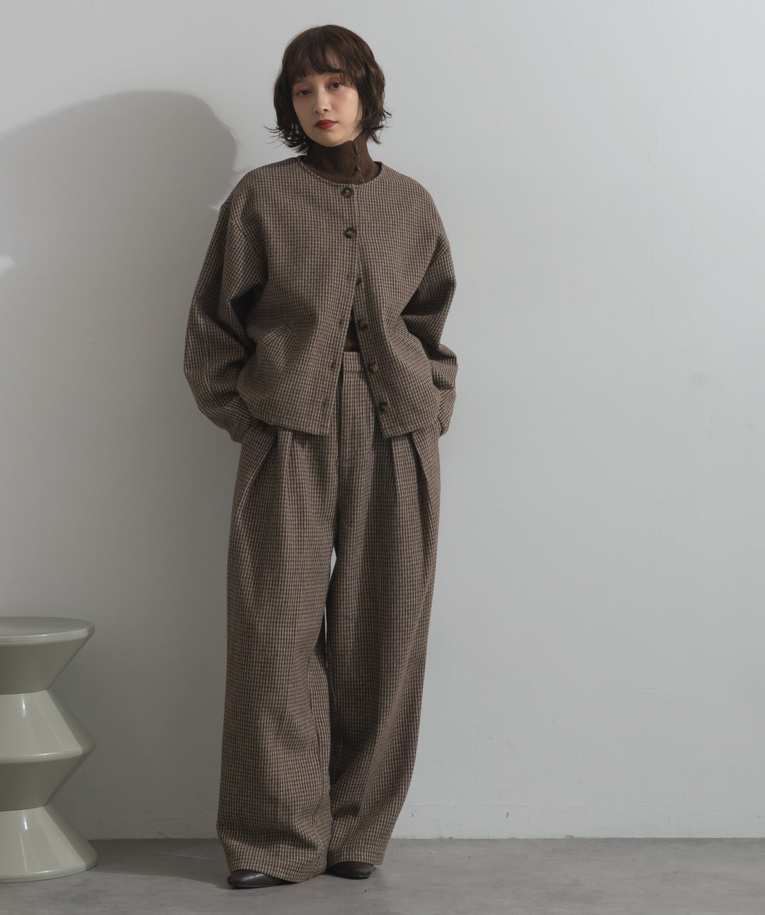 ノーカラーガンクラブチェックジャケット