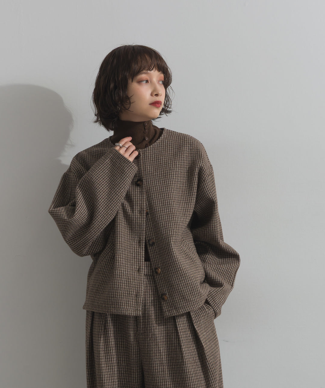 ノーカラーガンクラブチェックジャケット