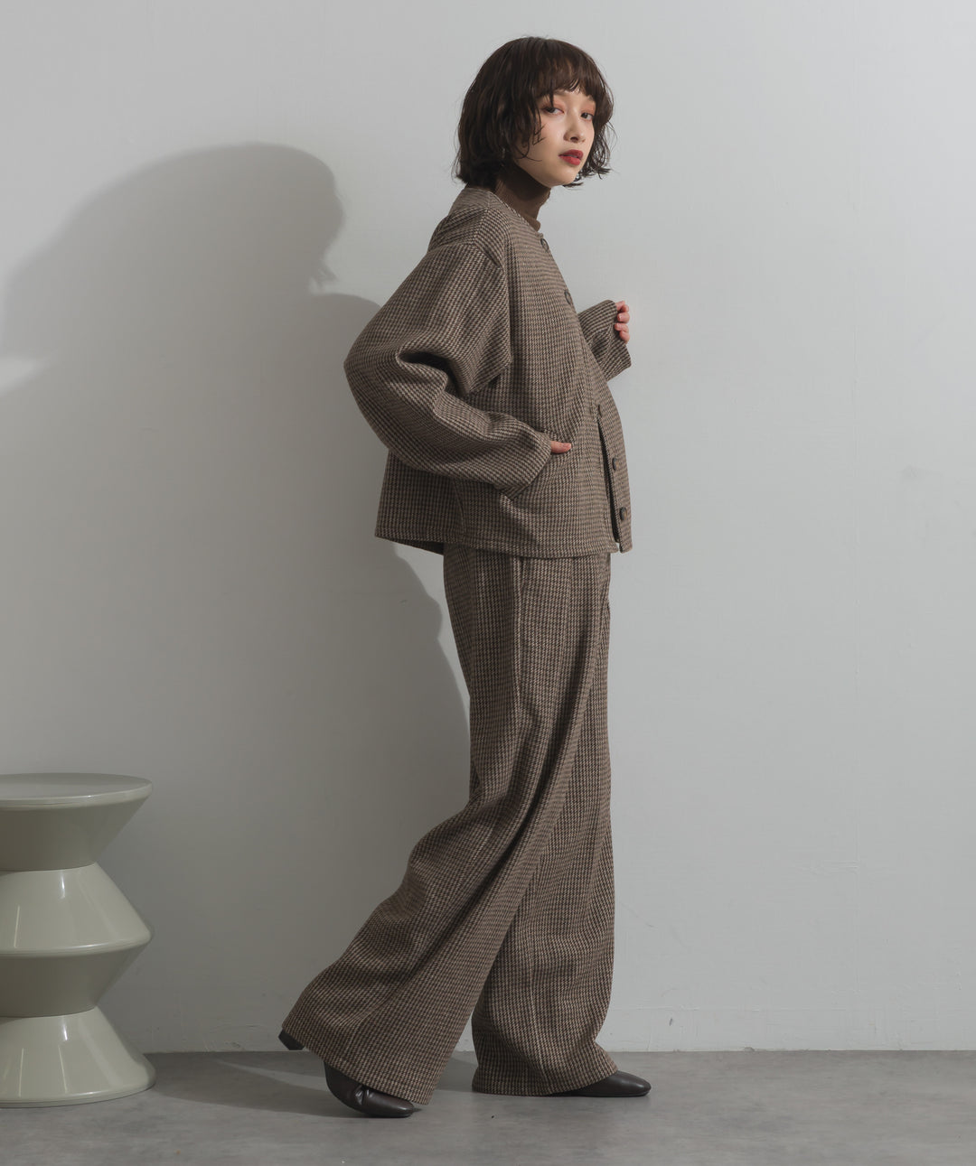 ノーカラーガンクラブチェックジャケット