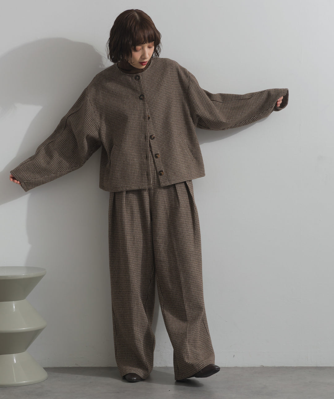 ノーカラーガンクラブチェックジャケット