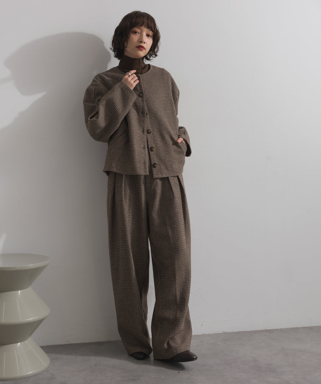 ノーカラーガンクラブチェックジャケット