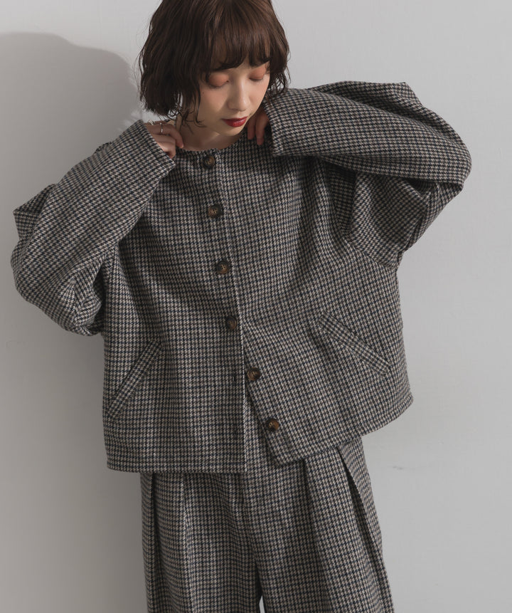 ノーカラーガンクラブチェックジャケット
