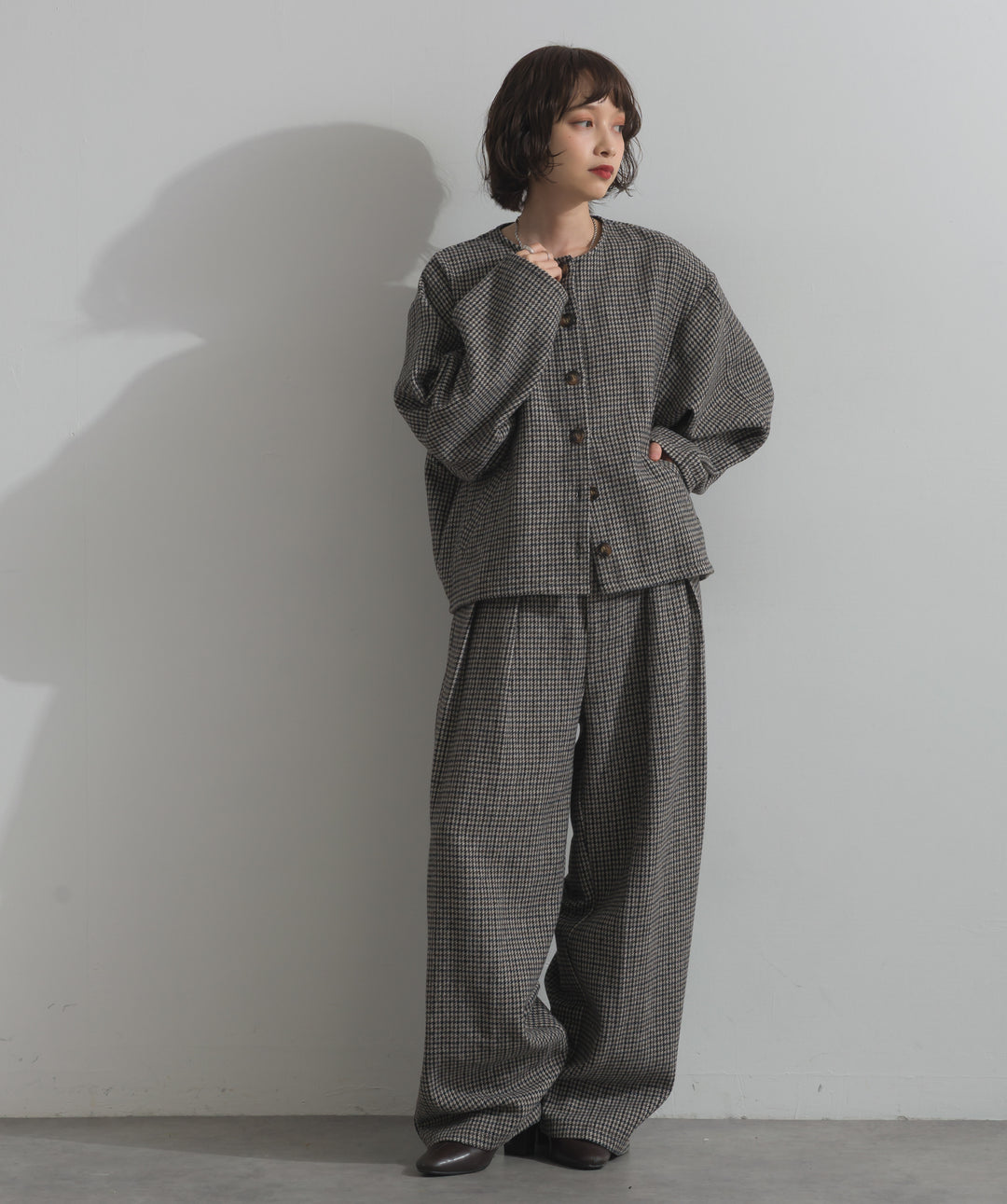 ノーカラーガンクラブチェックジャケット