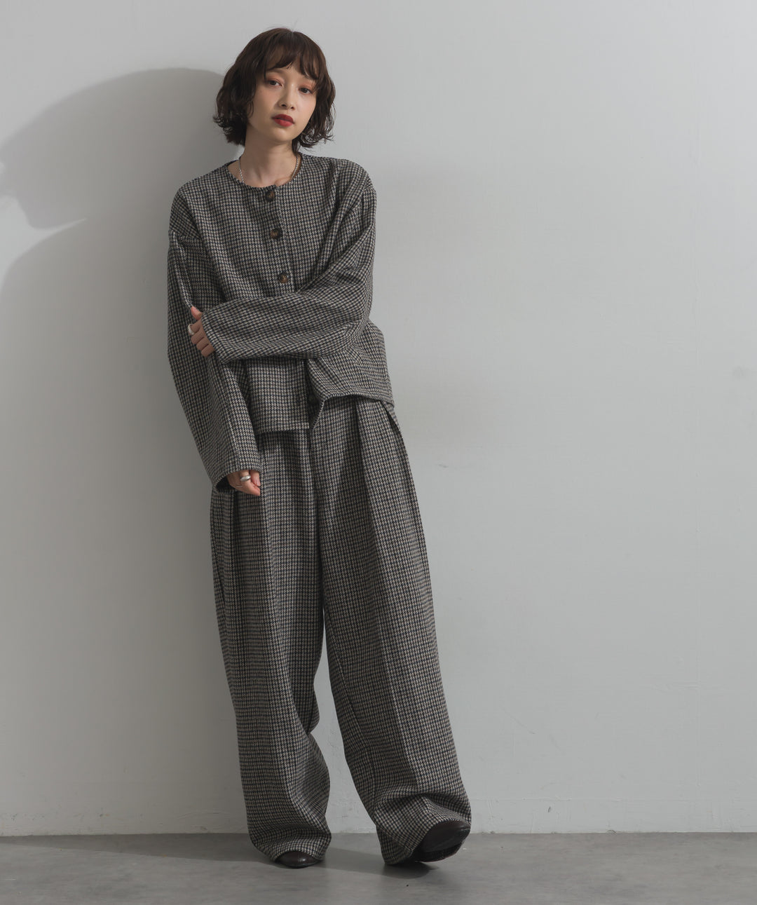 ノーカラーガンクラブチェックジャケット