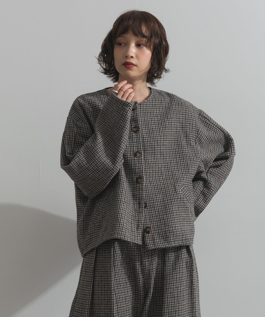 ノーカラーガンクラブチェックジャケット