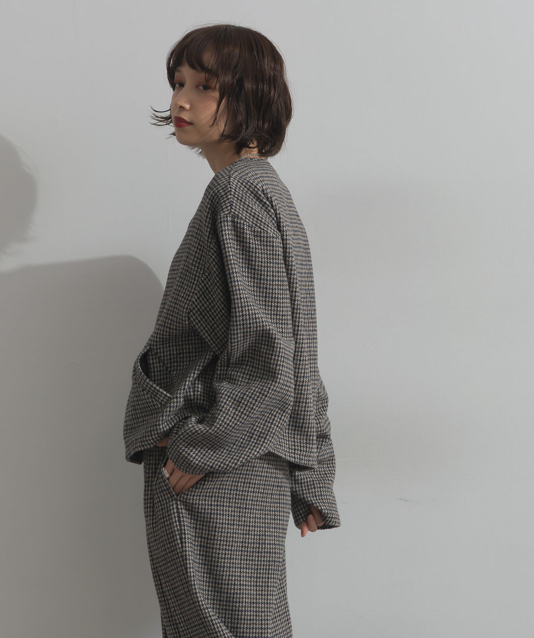 ノーカラーガンクラブチェックジャケット