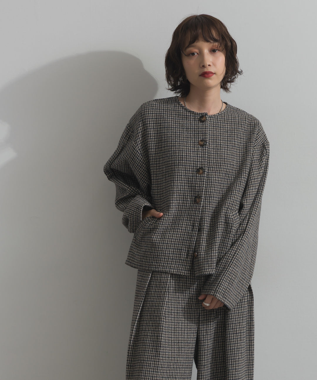 ノーカラーガンクラブチェックジャケット