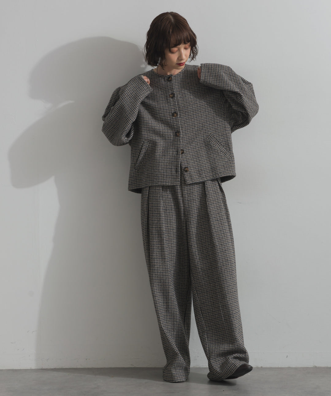 ノーカラーガンクラブチェックジャケット