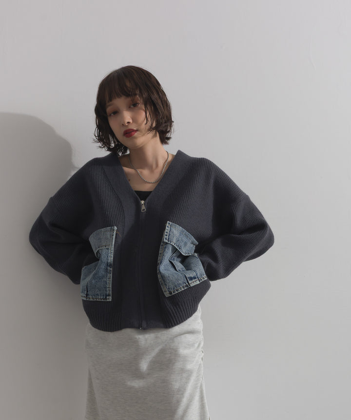 デニムポケットジップニットカーディガン