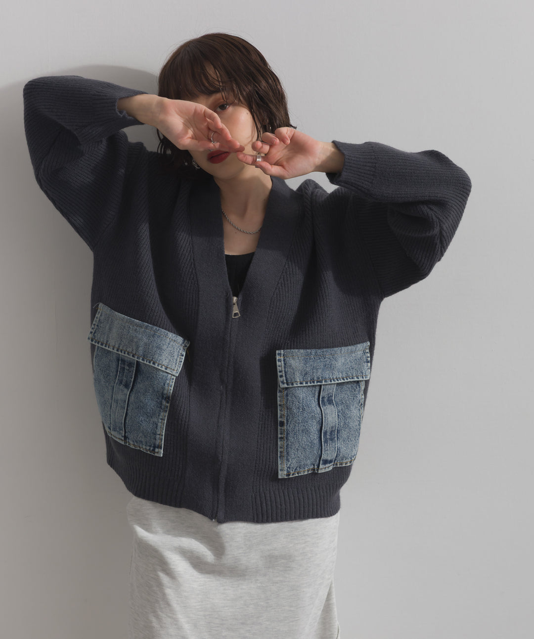 デニムポケットジップニットカーディガン