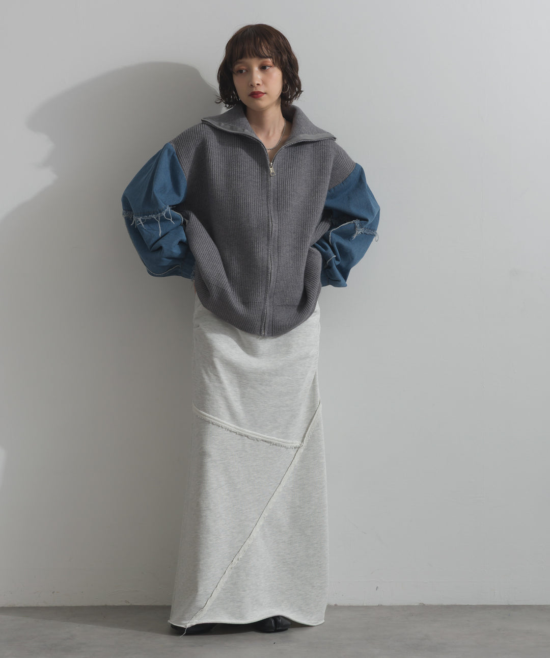 袖デニムジップニット