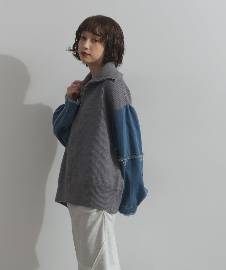 袖デニムジップニット