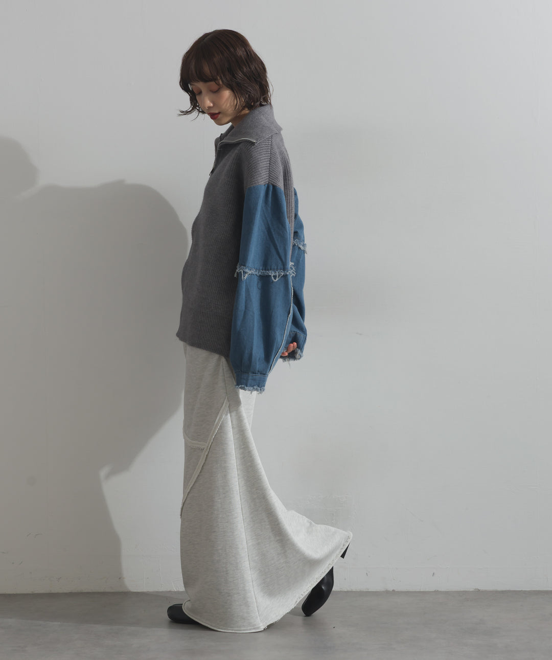 袖デニムジップニット