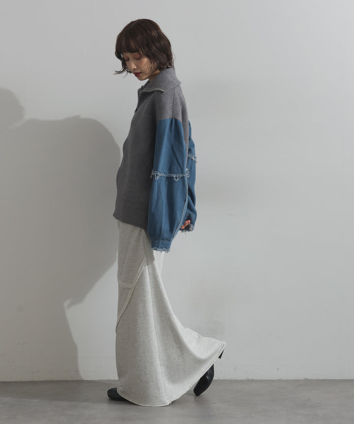 袖デニムジップニット