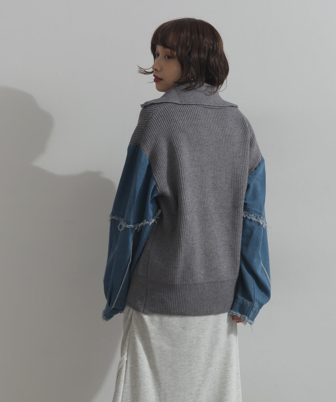 袖デニムジップニット