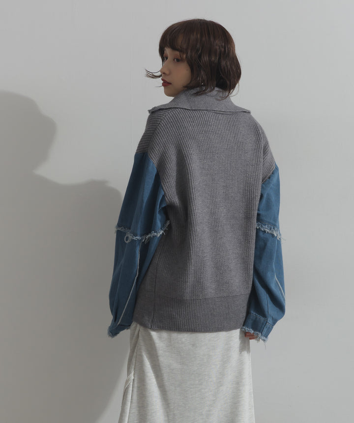 袖デニムジップニット