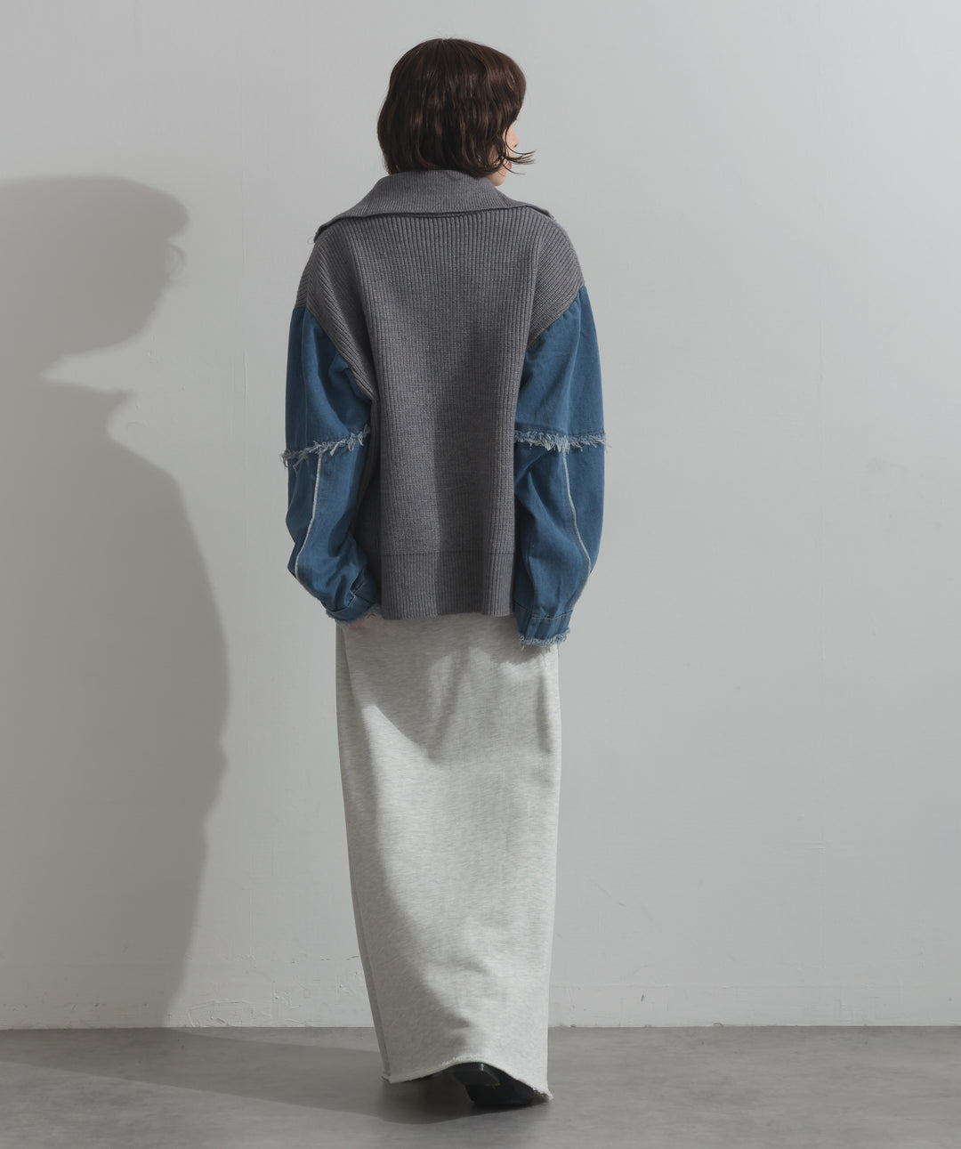 袖デニムジップニット