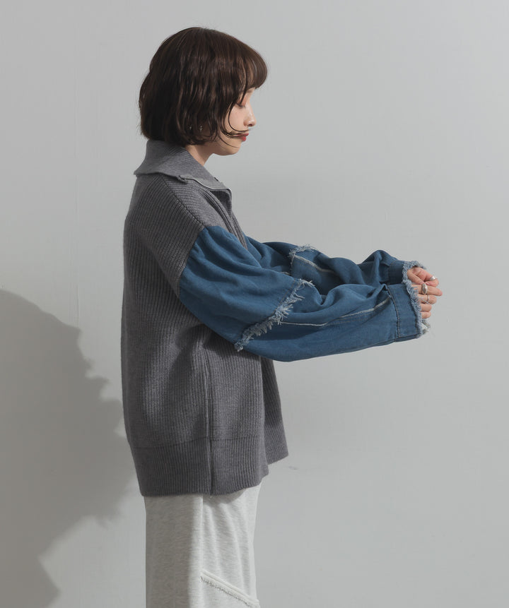 袖デニムジップニット
