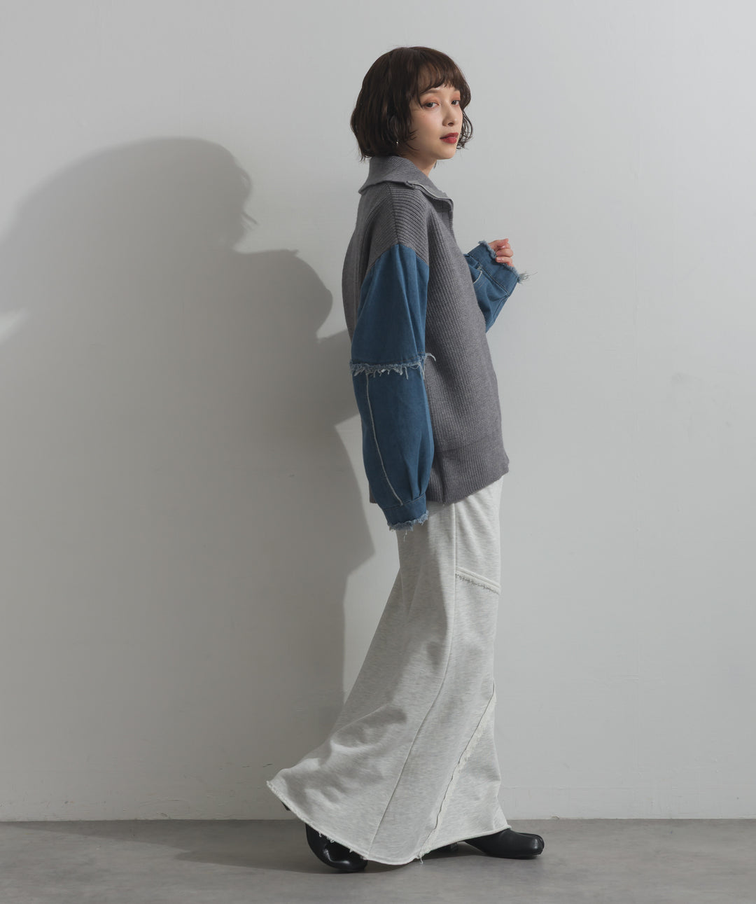 袖デニムジップニット