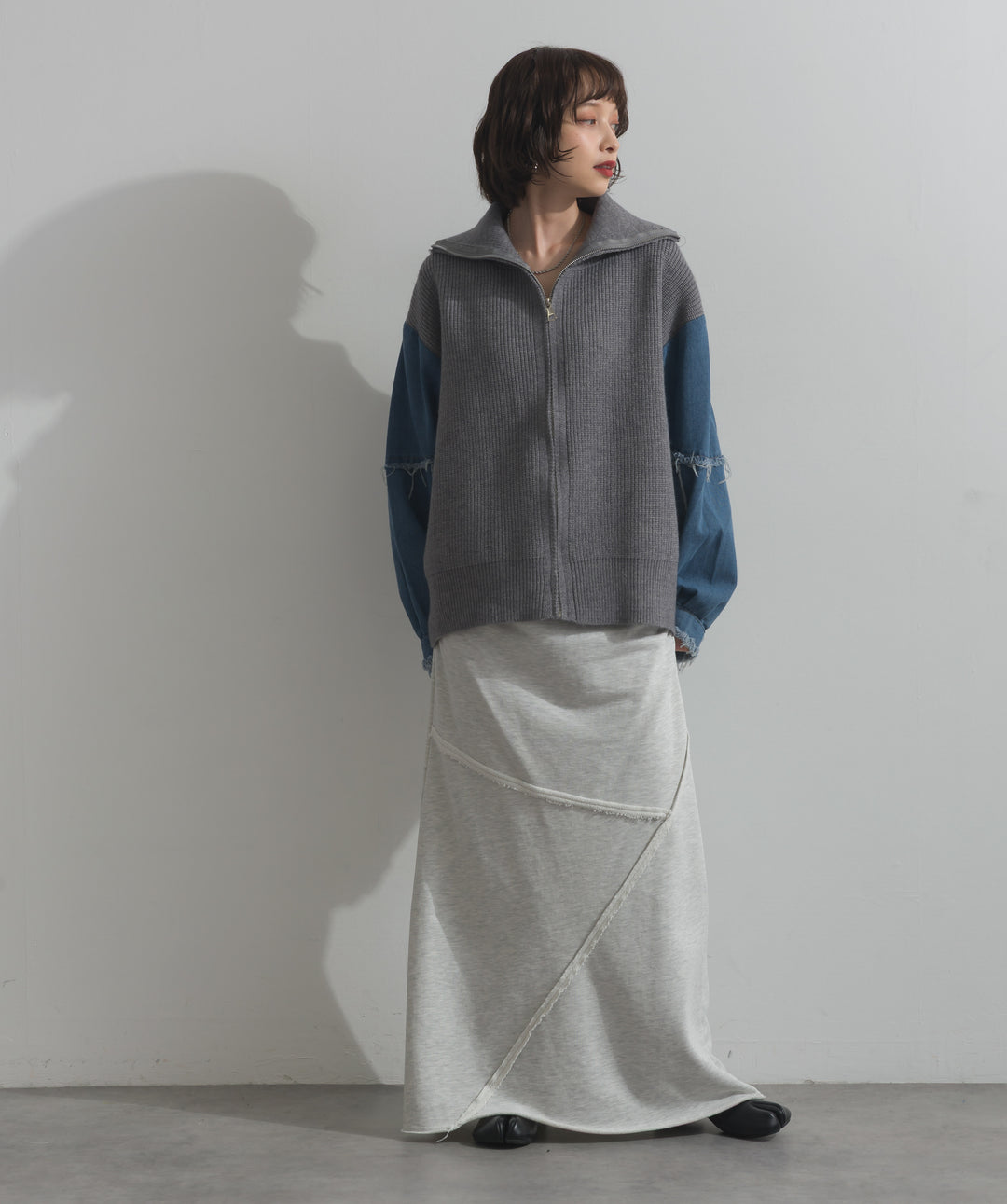 袖デニムジップニット