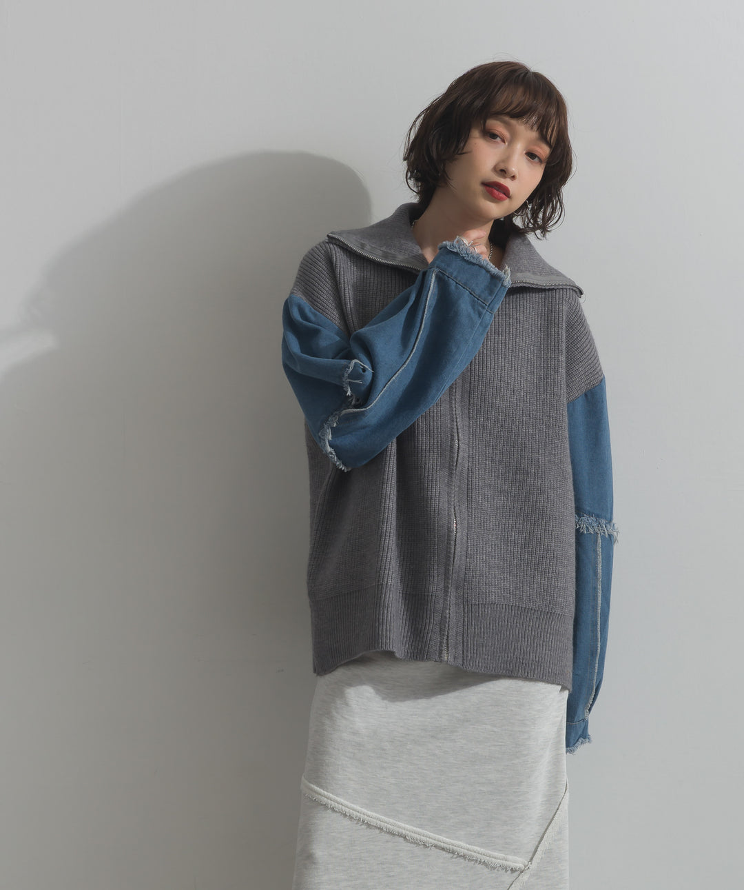 袖デニムジップニット