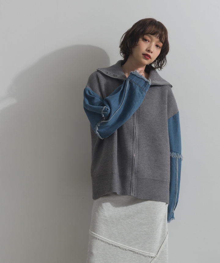 袖デニムジップニット