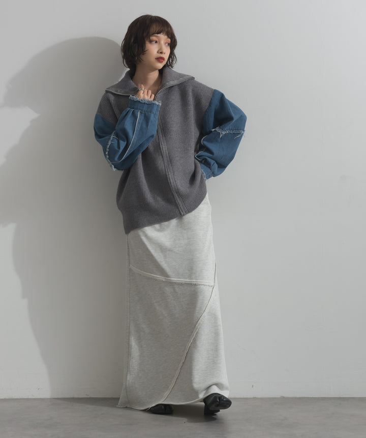袖デニムジップニット