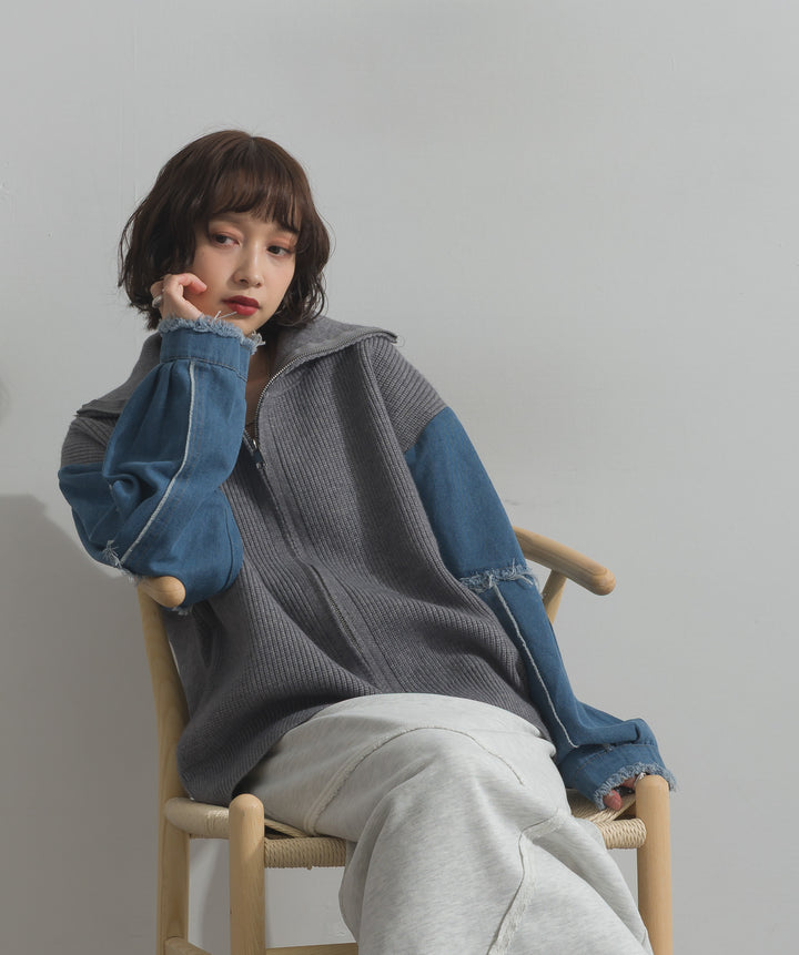 袖デニムジップニット
