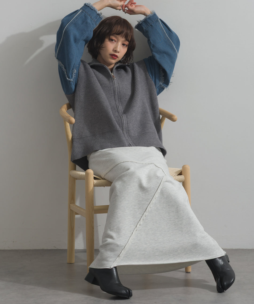 袖デニムジップニット