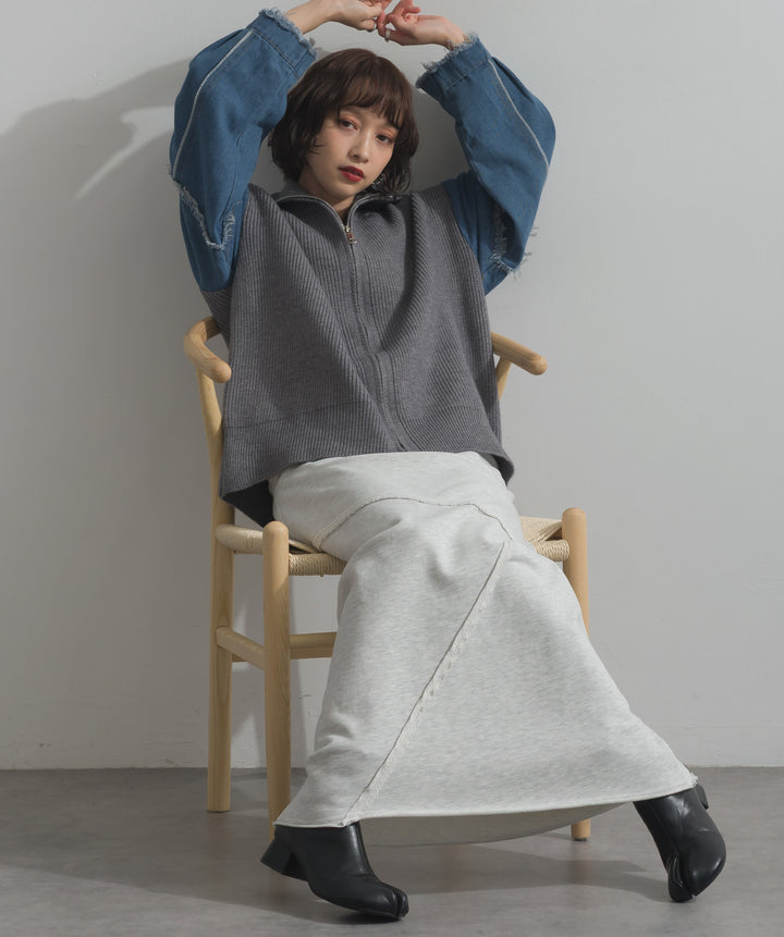 袖デニムジップニット