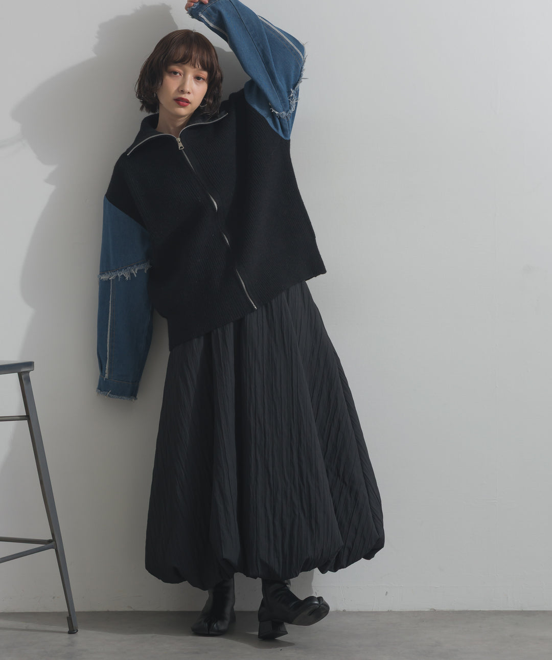 袖デニムジップニット