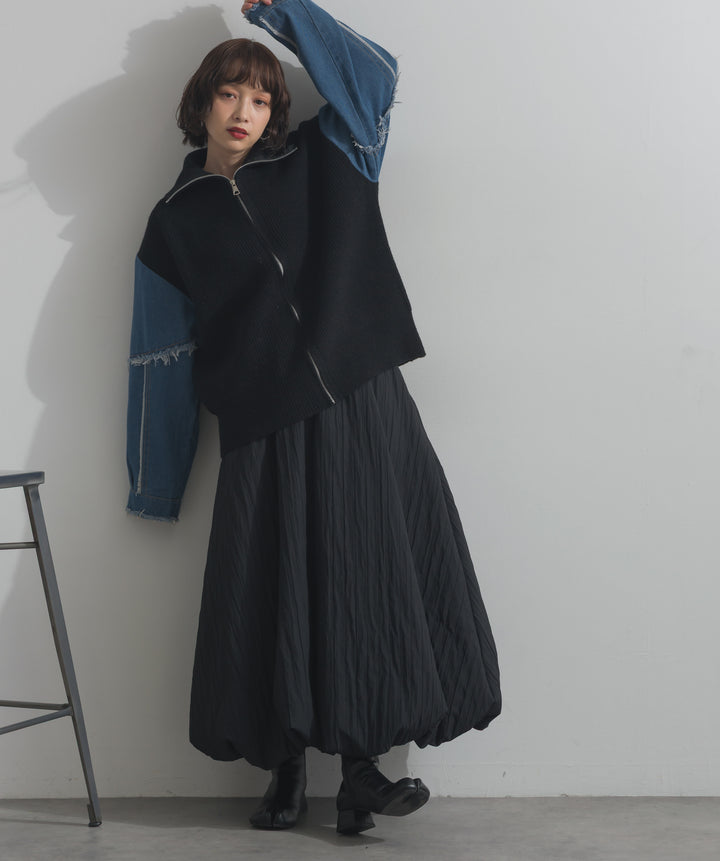 袖デニムジップニット
