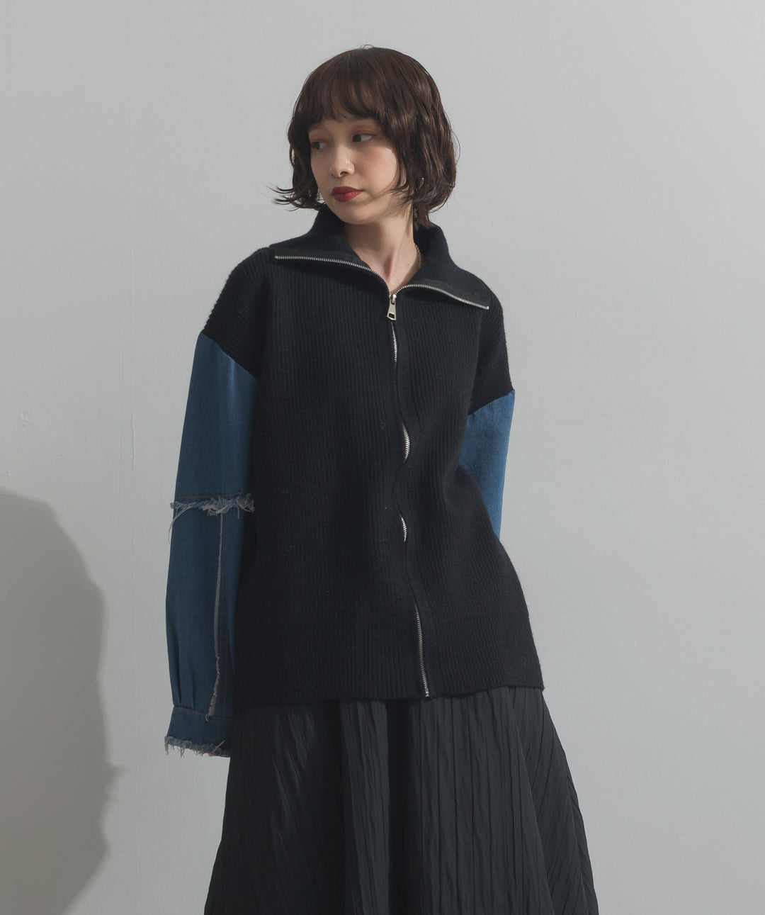 袖デニムジップニット